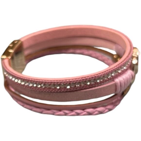 Designer Pink and Gold Interlocked Rings Braided Multi-strand Bracelet - Picture 4 of 7
